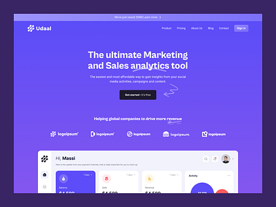 Udaal SaaS Landing page analytics clean dashboard funding round landing page marketing site minimal modern product design saas ui ux webdesign