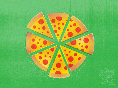 Pizza Time green halftone illustration pepperoni pie pizza red served fresh daily slices texture time yellow