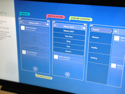 Stream wireframing blue menu screen social stream wireframe