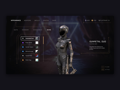 FPS Game Character Customization UI character creation ui character customization ui computer game dark theme first person shooter fps ui futuristic ui game game interface game ui gold ui pc pc ui space game video game video game ui