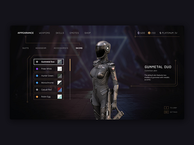 FPS Game Character Customization UI character creation ui character customization ui computer game dark theme first person shooter fps ui futuristic ui game game interface game ui gold ui pc pc ui space game video game video game ui