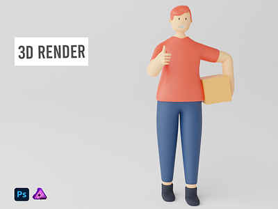 3D Render Illustration Man Bring a box and Thumbs Up