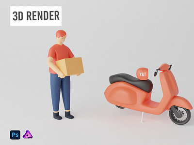 3D Render Illustration Man Bring a box and Ready to Delivery
