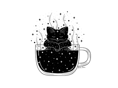 Cat Space black and white black cat cat coffee coffee cup cup cute animal cute art cute cat ink ink art ink cat ink space inktober inktober2021 inktober52 lineart postcard design space stars