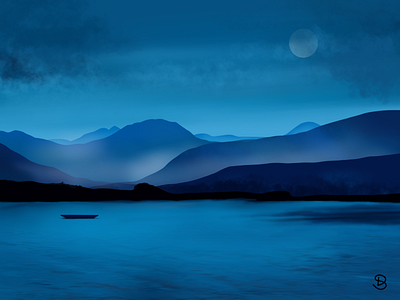 Digital art. Landscape art digital digital illustration digital painting drawing fog hills illustration landscape minimal moonlight mountains night mode sea