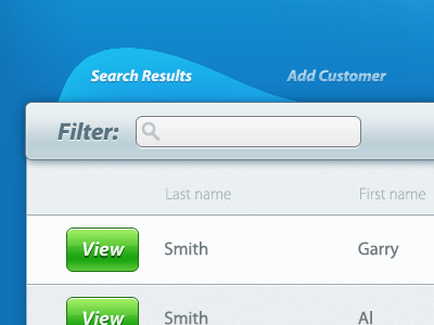 Search Results filter interface list search