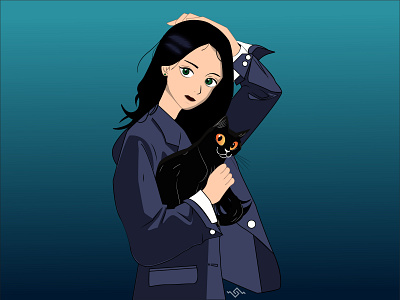 GIRL WITH CAT art illustration vector