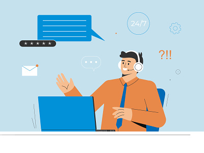 Support service character character design flat illustration landing laptop support support manager support page vector