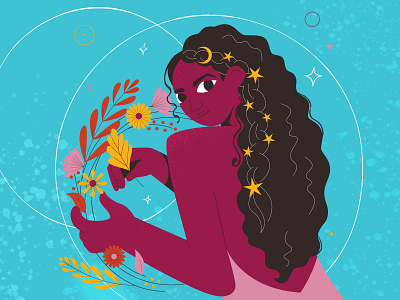 The Maiden with stars in the hair who weaves flower wreaths character character design female feminine flat girl illustration maiden stars vector woman