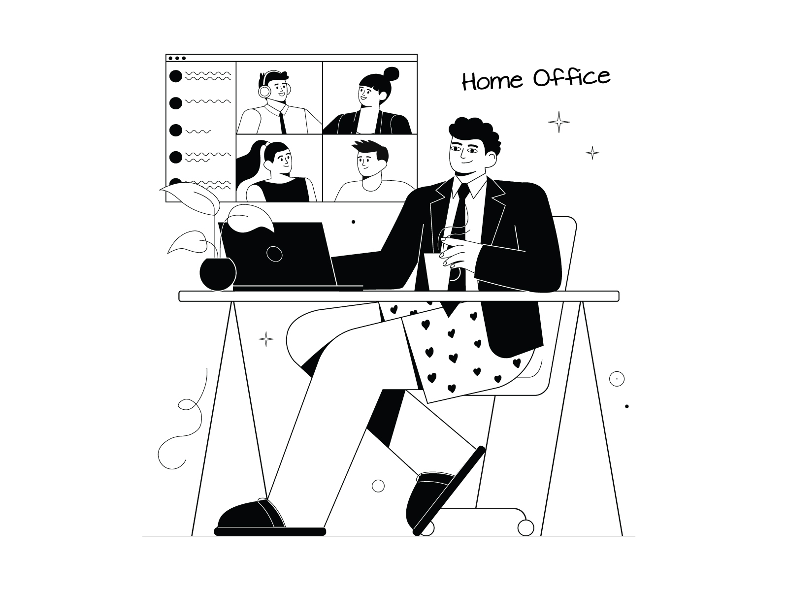 Suit character conference flat home illustration laptop man office quarantine suit vector video call work form home