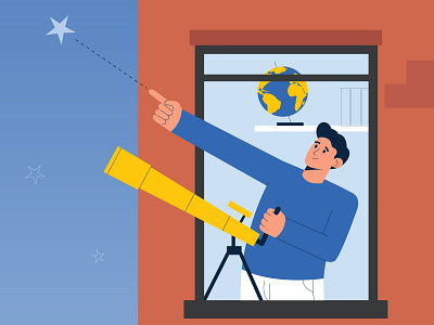 Astronomer astronomer building character feed flat illustration instagram man neighborhood post sky social media star telescope vector