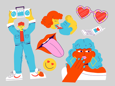 80s love character character design couple day flat glasses heart illustration jeans lips love lovers player sent smile valentine vector woman