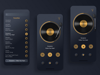 Music Player app dark dark app design dribbble gold hello dribbble mobile mobile app mobile app design music music player rock rock and roll rock music ui ux ux design vintage vinyl