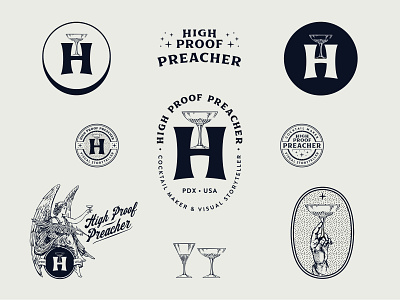 High Proof Preacher 1 color badge brand identity branding branding system cocktails logos lowdrag
