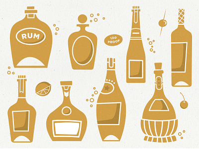 Liquor Bottles - I bottles bubbly cocktails design drinks fruit illustration letterpress liquor midcentury midcentury modern rum