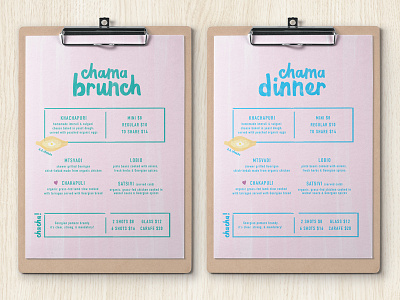 Chama Menu branding bright copywriting custom font handwritten illustration menu playful print collateral restaurant script watercolor