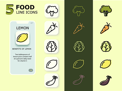 5 food line icons adobe illustration design food fruts graphic design healthy food icon illustration modern vector vegetables
