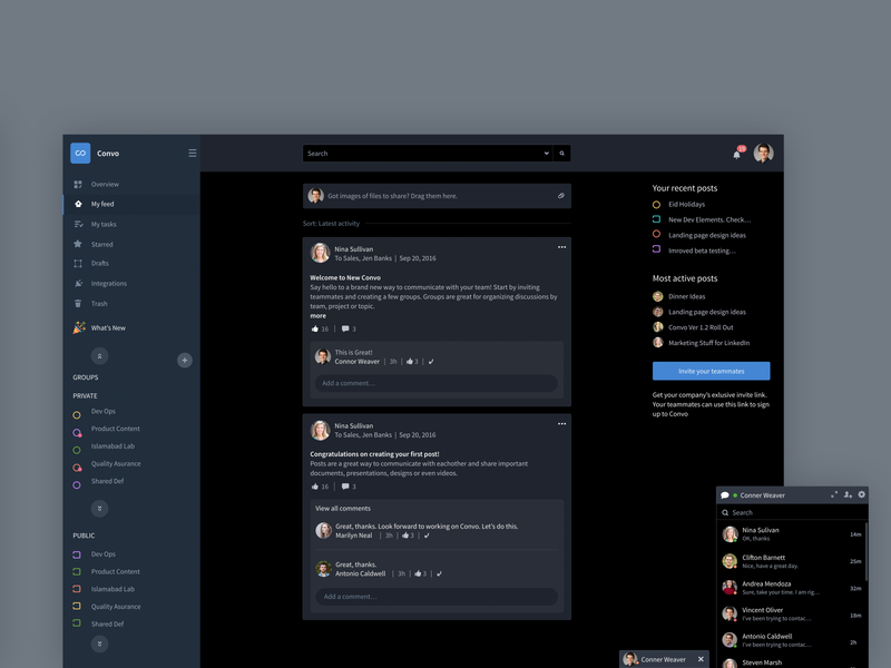 Convo Dark Theme chat collaboration convo dark darktheme dashboard messanger newsfeed quickchat ui uiux ux