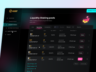 Yeildly.finance Dashboard Redesign algorand blockchain crypto dark theme dashboard defi finance fintech interaction design modern design neon design product design ui design visual design web3