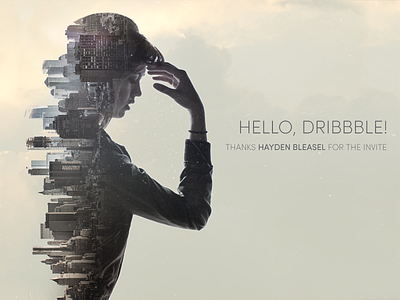 Hello, Dribbble! city clouds double exposure girl light silhouette
