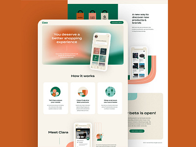 Clara Landing Page Design creative studio digital art friendly fun gradient green illustration landing page ui landingpage mobile app orange phone mockup startup vector web design