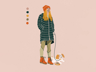 Self-portrait illustration with my dog animal boots bright color character design digitalart dog dog illustration green hand drawn illustration jacket orange pencil person pink procreate procreateapp selfportrait texture texture brushes