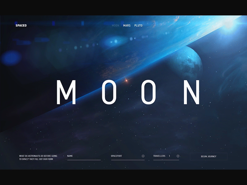 Spaced Homepage 3d after effect animation cinema 4d cosmos earth illustraion interface design landing moon motion design planets rocket sci fi space spaced spacedchallenge spaceship ui universe