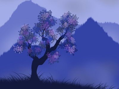 Tree in the dark background blue dark digitalillustration graphic design illustration minimal mountains tree violet