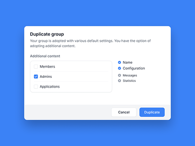 Duplicate Group app checkbox clean copy dialog duplicate group minimal modal overview software ui user interface ux
