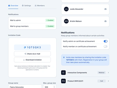 Group Administration Components administration avatar badge button code components form input invitation list notification select settings table tabs toggle ui ui kit user interface ux