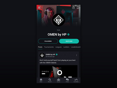 Brand Page app brand dark esports feed follow ladder leaderboard league mobile mobile app news page post tournaments ui ux web