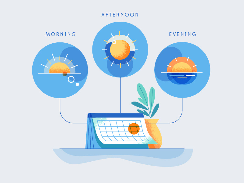 Scheduling timing sunrise sunset identity branding illustration app ripple time of day afternoon evening morning calendar tasks schedule