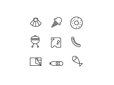 Beer Pairing Icons cheese chocolate donut fish grill ice cream icons salami sausage seashell thick lines