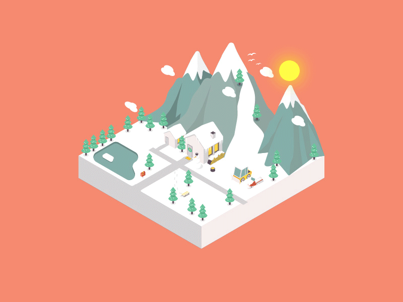 Winter bird design flat gif house isometric lake snow snowman sun winter