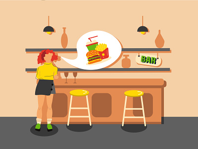 Girl in bar alcohol bar burger design dream dreaming drinking eating fastfood female girl girl in bar hungry illustration mcdonalds thinking vector want woman