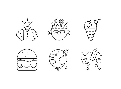 Icons set brainstorm burger creative creativity design flat global warming icecream icon icons icons set line logo logotype ocean pollution outline vector