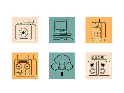 Icons set branding camera design flat headphones illustration microphone polaroid sound sound system telephone television vector vintage vintage design vintage illustration
