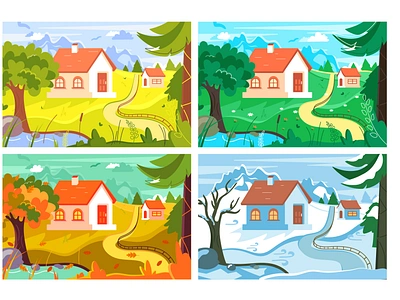 Four seasons autumn cartoon collection farm flat garden illustration lake landscape nature outdoor season spring summer vector weather wild wildlife winter