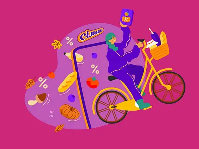 Autumn discounts application autumn bike black friday sale cartoon character delivery design discounts ecommerce food illustration girl illustration market offers sale shop supermarket vector vegetables