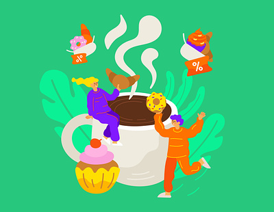 Food discounts autumn autumn sales bakery black friday branding cake cartoon character coffee croissant cup food illustration market people poster sale sales store vector