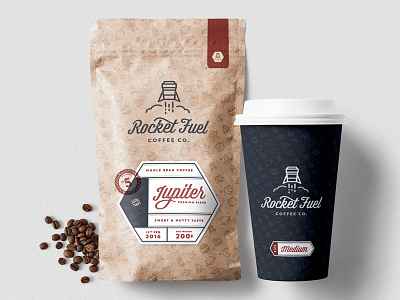 Rocket Fuel Packaging branding coffee icons identity logo logomark packaging pattern script type typography vintage