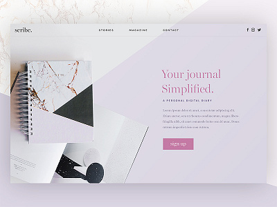 Scribe / Day 10 clean home screen journal landing page minimal serif sign up ui user interface ux web design website