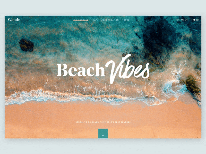 Wandr: Beaches Header Transition 🌊 animation beach clean drone interface minimal photography serif travel ui web web design