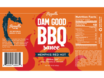 Russell's Dam Good BBQ Sauce - Memphis Red Hot bbq bbq sauce bottle label graphic design memphis red hot spicy