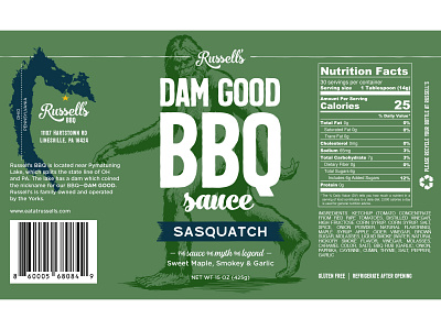 Russell's Dam Good BBQ Sauce - Sasquatch bbq bbq sauce bottle label graphic design sasquatch
