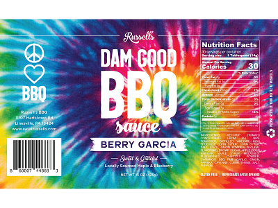 Russell's Dam Good BBQ Sauce - Berry Garcia bbq bbq sauce berry garcia blueberry bottle label branding graphic design maple tie dye