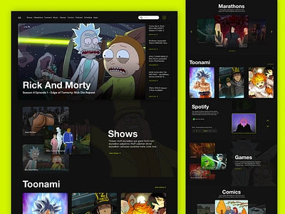 Adult Swim Exploration adultswim branding cartoon darkmode darktheme debut debut shot design exploration firstshot graphicdesign hellodribbble layout neon newdesigner rickandmorty streaming ui web webdesign