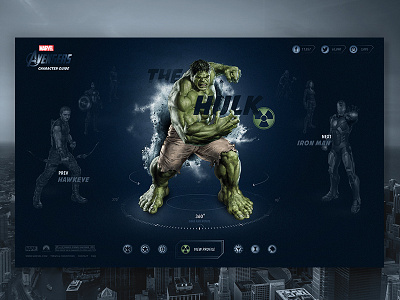 Avengers Character Guide buttons homepage hulk icons interactive interface landing page layout ui web web design website
