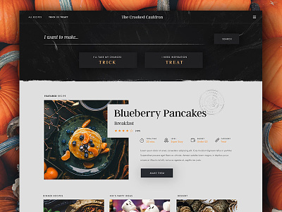 The Crooked Cauldron autumn badge halloween homepage pancakes pumpkin recipe trick or treat website wed design