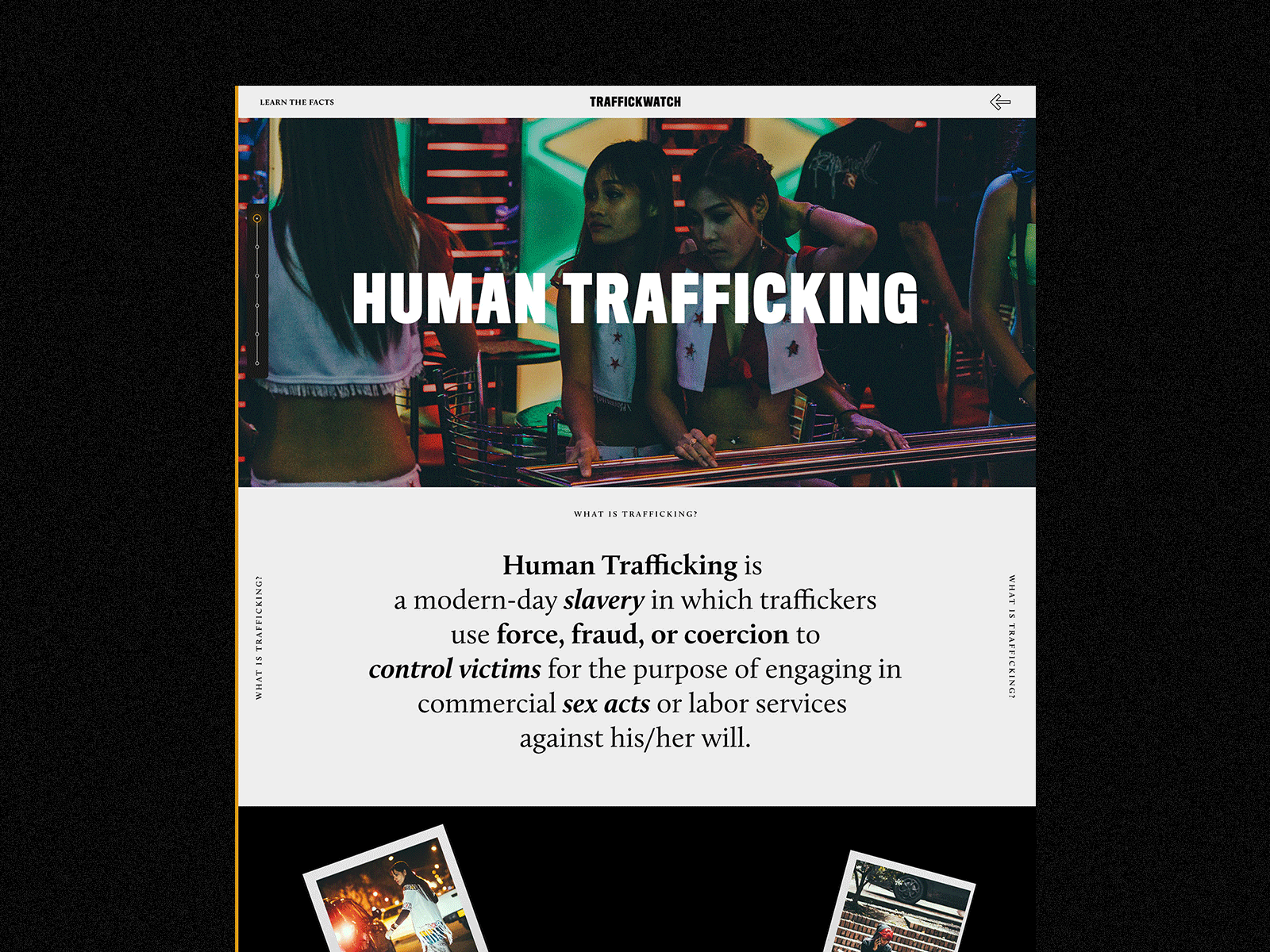 Nonprofit Website about Human Trafficking awareness case file case study distorted distortion grit homepage human trafficking journey map nonprofit slavery texture ui